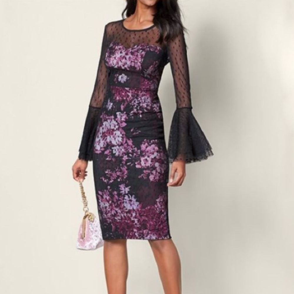 Venus Floral Mesh Bodycon Black Burgundy Long Bell Sleeve Dress